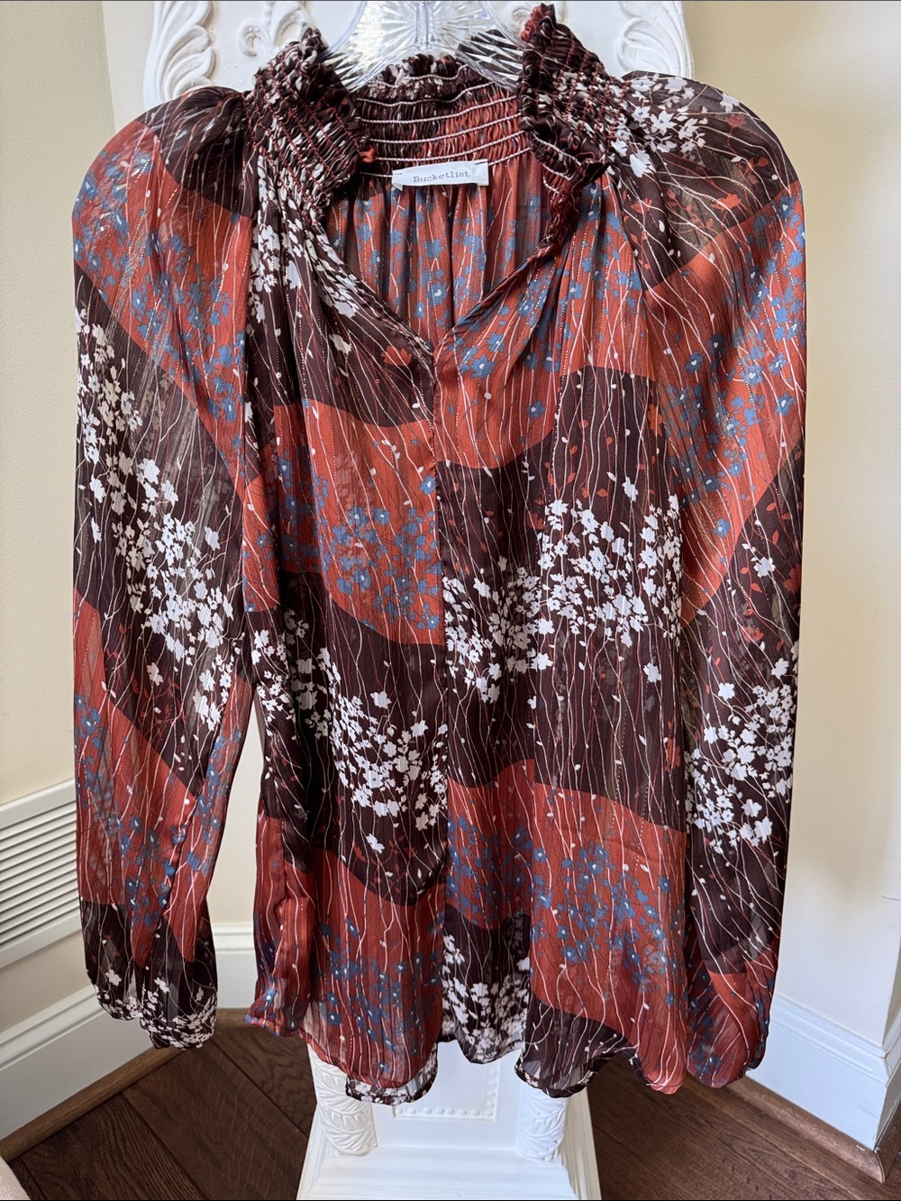 BUCKETLIST Rust Brown Floral Smocked-Neck Blouse